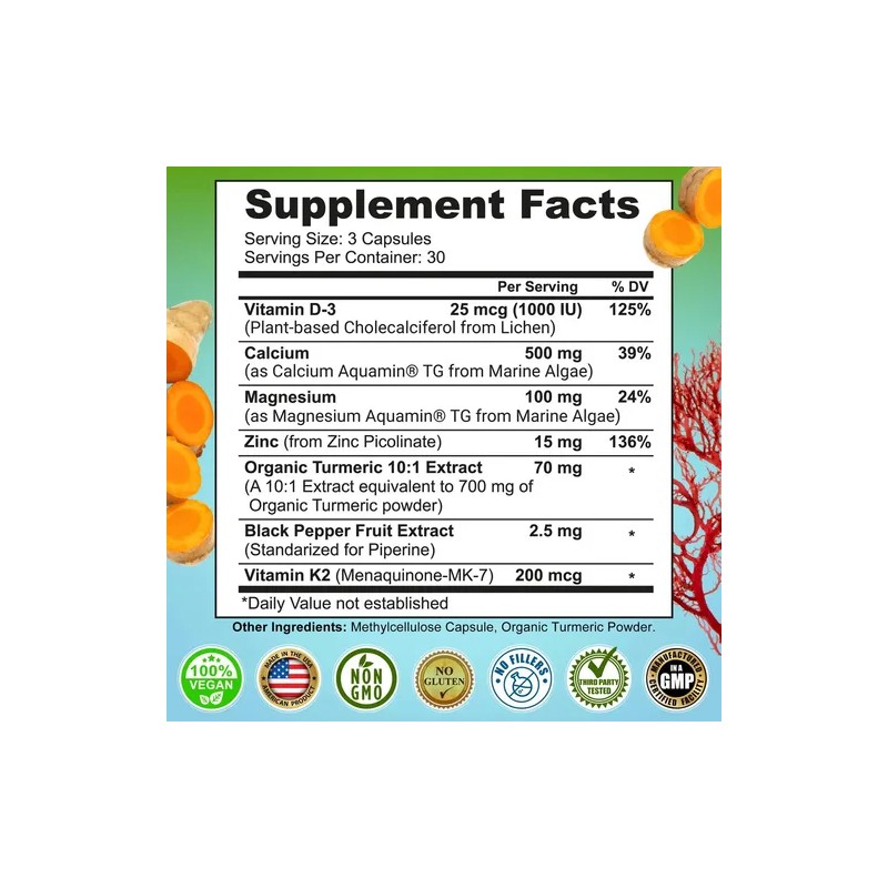 Calcio Vegetal Aquamin 500 Mg Con Magnesio Zinc 90 Capsulas