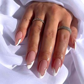 French Press on Nails Medium Length White Edge Fake Nails Almond Shape Glue on Nails Gold Glitters Decor Artificial Full Cover False Tips Nails for Women Daily Wear Acrylic Nail Art 24Pcs