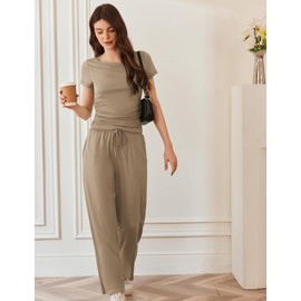 Ekouaer Women's 2 Piece Sets Outfits Short Sleeve Wide Leg Tracksuits Casual Lounge Set Matching Sets with Pockets