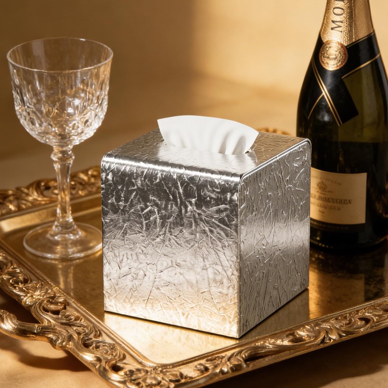 Silver Tissue Box Cover,Square Leather Tissue Box Cover with Magnetic