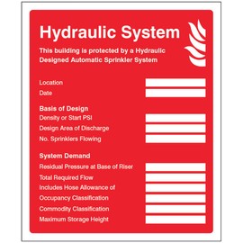 Caledonia Signs 11452H Hydraulic sprinkler system ID plate sign