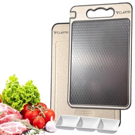 CLAPTRI Stainless Steel Cutting Board with Tray for kitchen | Double-Sided 304 Stainless Steel & Wheat Straw PP | Large Chopping Board with Built-In Grinder & Knife Sharpener | Easy-to-Clean