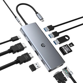 OBERSTER 12 in 1 USB C Hub Adapter with Triple Display, 2 HDMI, VGA, 100W PD, 2 USB 3.0, 2 USB 2.0, Ethernet, SD/TF Card Readers, Mic/Audio Compatible with Mac, Laptop, and More