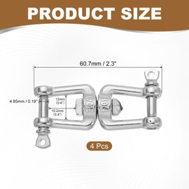 sourcing map Heavy Duty M5 Double Swivel Eye Hook, 304 Stainless Steel Ended Jaw x Jaw Chain Swivel Shackle Ring Connector Load 130 KG/286 lbs for Hanging, Pack of 4