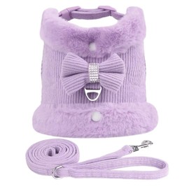Beirui Cute Small Dog Harness and Leash Set with Bow Tie, Warm Soft Padded Puppy Harness with Removable Fur Collar, Adjustable Girl Dog Harness with Quick Release Buckles for Walking(Purple,XS)