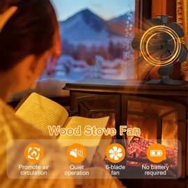 weareok Stove Fan, Fireplace Fan with 6 Blades, Wood Stove Fan, Stove Fan without Electricity, Quiet Heat Powered Fan with Thermometer, Wood Stove Fan for Wood/Fireplace