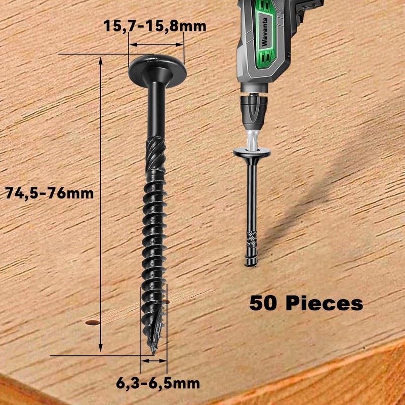 Wavanta 50Pcs Wood Screws 6.3 x 73mm, Star Drive Decking