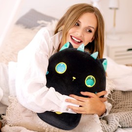 Mewaii Plush Pillow Kawaii Pillow for Baby Animals Toy Mushroom Shape Comfortable Plush Pillow for Kids Ages 3+ (36cm, Black Cat with Big Eyes)