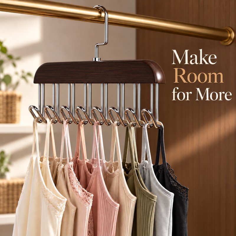 Wooden Multi-Hook Hanger for Bras, Tank Tops & Camisoles –