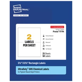 Avery UltraDuty GHS Labels, Waterproof, 5.5 X 8.5" White Rectangle Labels , 50 Total, Use with Pigment Inkjet Printers