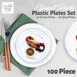 Crystal Ridge Tableware 100-Piece Plastic Plates Set Premium 50 Dinner Plates & 50 Salad Plates Pack, Disposable Plates for Party - White Plastic Wedding Plates with Silver Rim
