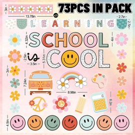 JarThenaAMCS 73 Pcs Retro Groovy Bulletin Board Decoration Set Boho Smile Flower Theme School is Cool Paper Cutouts with 200 Pcs Glue Points for Back to School Home Party Classroom Wall Door Decor