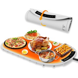 Electric Warming Tray,MQUPINFood Warming Mat for Food,7 Temp Settings and 1-4 Hours Timer,Roll Up Electric Warming Tray,Full-Surface Heating,Child Safety Lock,for Gatherings,Parties,Buffet（Gray）