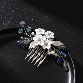 Earent Bride Wedding Flower Hair Comb Blue Crystal Hair Piece Bridal Hair Accessories Wedding Leaf Side Combs for Women