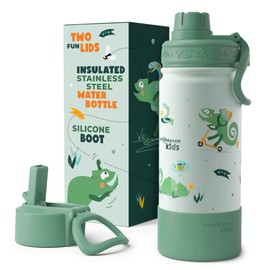 Bentoheaven Kids Water Bottle Stainless Steel for Boys & Girls, 2 Lids (Chug & Straw), Handle & Silicone Boot, Reusable Metal Leak-proof Insulated Tumbler, School & Sports 17oz (Green)