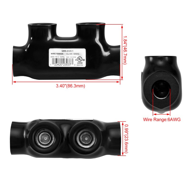 Heschen 2 Pcs Insulated Multi-Tap Connectors, 3/0-6AWG, 2 Port, Rated