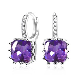 Uloveido Platinum Plated Square CZ Crystal Drop Earrings Womens Hoop Lever Back Earring for Women BME169 (Purple)