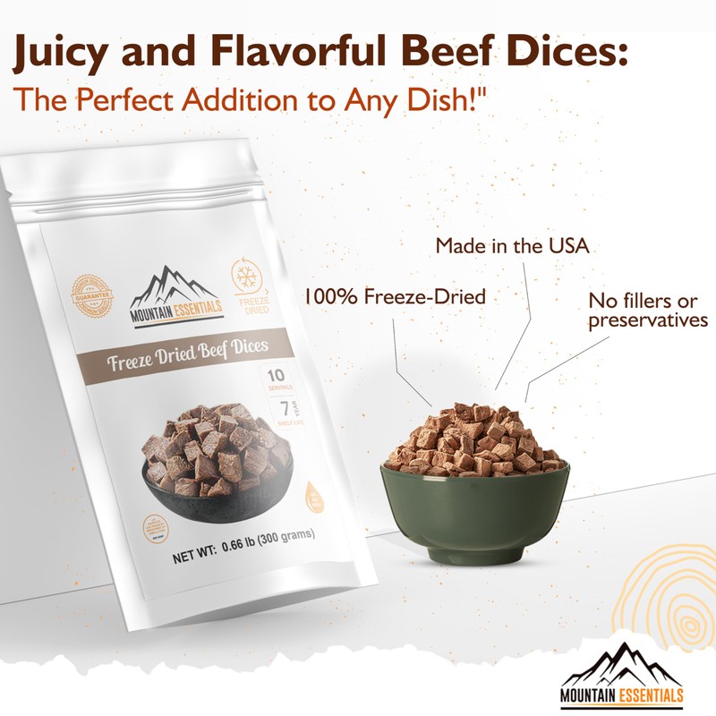 MOUNTAIN ESSENTIALS Freeze-Dried Diced Beef – Fully Cooked Meat |