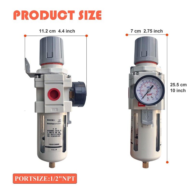 RIH Pneumatics 1/2"NPT Air Filter Pressure Regulator Combo Piggyback, 5