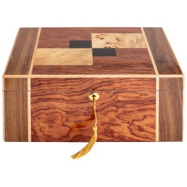 Humidor Supreme Desktop Cigar Walnut Wood Burl Wood Decorative Maple Inlay Glass Hygrometer Spanish Cedar Tray, Holds 45-75 Cigars (Amarone)