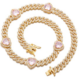 Apzzic 9mm Miami Prong Cuban Link Chain Iced Out Paved Heart Shape Rhinestones CZ Bling Rapper Necklace For Women Gold 16inch Pink