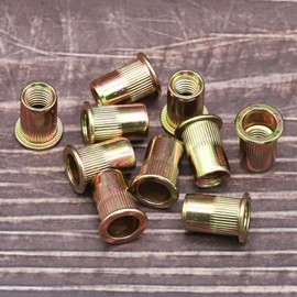 EASTLO 1/4-20 UNC Rivet Nuts 50 Pcs, Carbon Steel Flat Head Threaded Rivets Nuts Inserts for Metal, Knurled Body Rivnuts, Yellow Zinc Plated