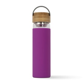 Apana Bottle Hot and Cold Detox Tea Infuser Glass Bottle With Protective Silicone Sleeve Bamboo Lid Top With Handle 18.5 Oz (555 ML) Perfect For On The Go Portable Use (Purple, 18.5 OZ)