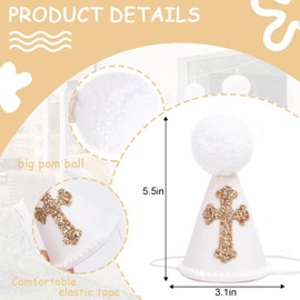 WAWUO First Holy Communion Party Hat - Baby Baptism Party Decorations,Gold Glitter Cross Party Hat,God Bless Christian Theme Party Decorations,Cross Communion Party Cone Hat Photo Props