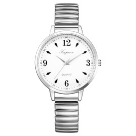 Oidea Women's Easy Reader Watch: Large Face Big Number Elastic Strap Wrist Watch Analog Quartz Bracelet Watch Casual Business Dress Ladies Wristwatch, White Dial Silver Band