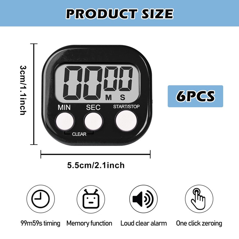 Pack of 6 Digital Kitchen Timer, Digital Timer, Digital Kitchen