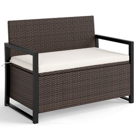 RELAX4LIFE Wicker Outdoor Bench with Storage - Rattan Deck Box w/Protective Liner for Pillows, Pool Supplies, Garden Tools, Patio Loveseat with Seat Cushion & Metal Armrests for Backyard Porch Balcony