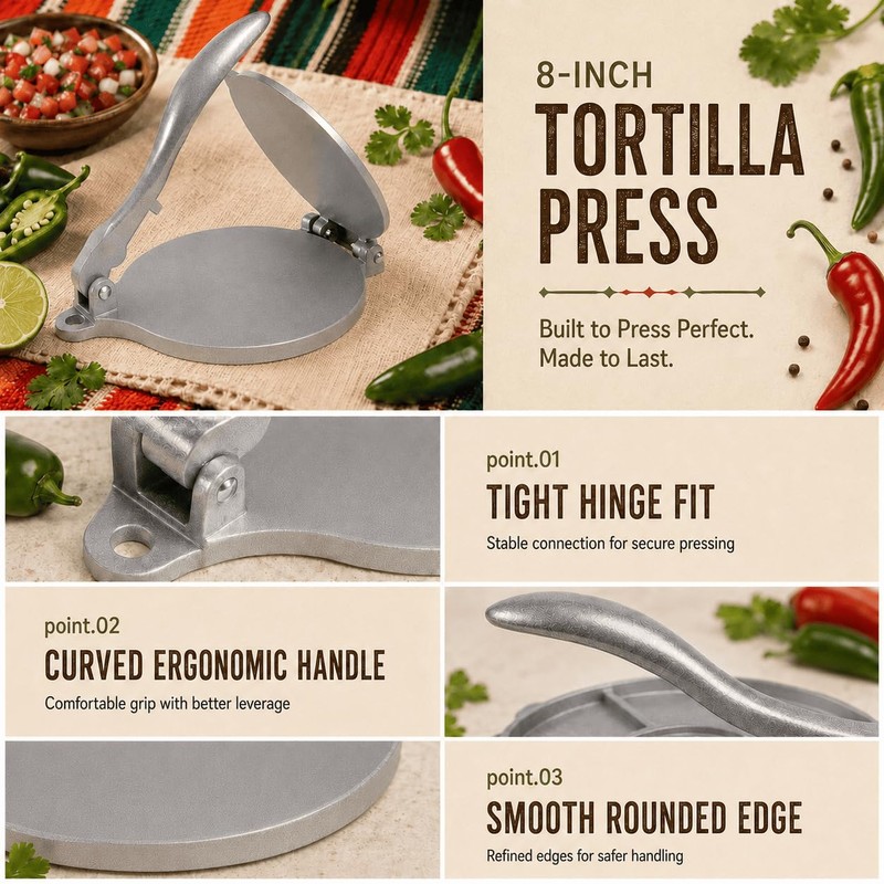 Kundita 8-Inch Cast Aluminum Tortilla Press, Silver Commercial-Grade Tortilla Maker
