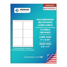 Premium Label Supply Waterproof Matte White Sticker Labels – 4" x 3.33" – Laser Printers Only – (6 per Sheet), 10 Sheets - 60 Total Adhesive Labels