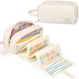 Sooez Pencil Case, Large Pencil Pouch Pencil Bag with Pull-Out Organizer for Quick Access, Cute Pencil Case with Sturdy Zipper, Aesthetic School Supplies for Girls Boy Women, Beige