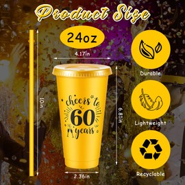 Uiifan 12 Pcs 30th 40th 50th 60th Birthday Cups Cheers to 40 50 60 70 Years Black Gold Plastic Tumbler with Lid and Straw 24oz for Birthday Decorations Party Favors Men Women Supplies(60th)