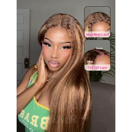 BGM GIRL 7x5 Glueless Highlight Kinky Straight Wig Human Hair 4/27 Color Pre Cut HD Lace Pre Plucked Invisible Knots 180% Density Wear Go Wigs for Women Beginner Friendly No Glue Needed 20 Inch