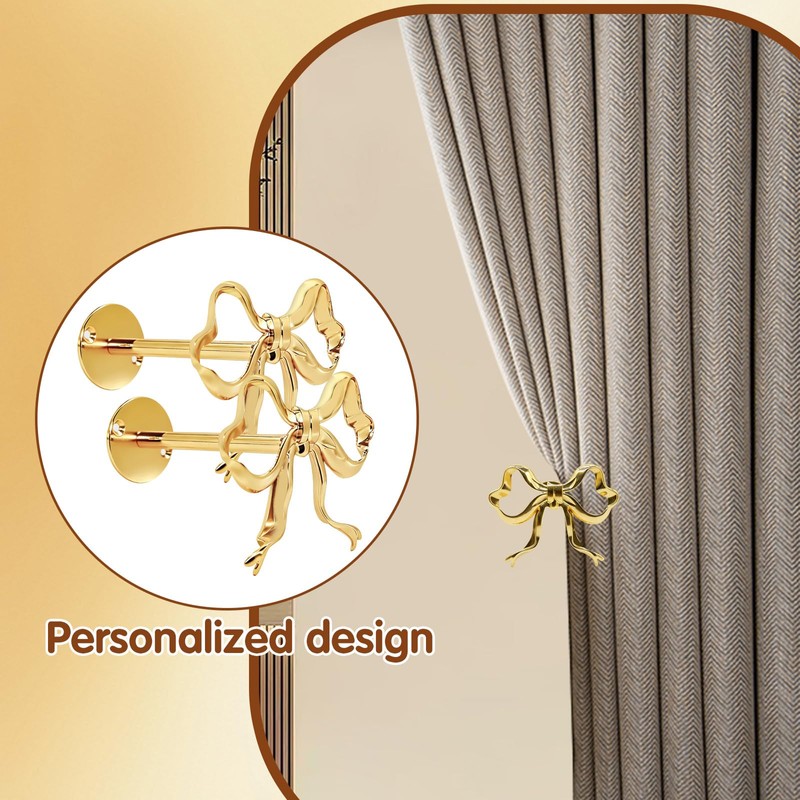 2Pcs Metal Bow Curtain Fixers, Curtain Holdbacks Gold Bow Decorations