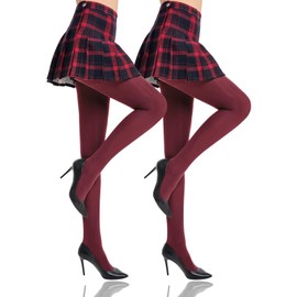 HONENNA 2 Pairs Colorful Women's Tights, Control Top High Elastic Soft Opaque Pantyhose Tights for Women Under Dress, Wine L