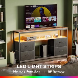 Huuger TV Stand Dresser with Power Outlets and LED Lights, 4 Drawers Entertainment Center with Shelves, 54 Inch Media Console for 55 60 Inch TV, PU Finish, Rustic Brown and Black