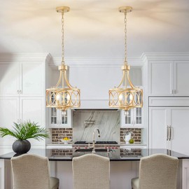 OIRSVI 4-Light Chandelier,Round 11.2in E12 Base - Gold Metal Farmhouse Lantern Pendant Light Fixture,Adjustable Hanging Ceiling Lighting,for Kitchen Island,Bedroom,Entryway,Dining Room