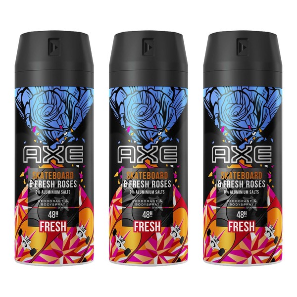 3 x Axe Skateboard & Fresh Roses Deodorant 48h Protection without Aluminium Salts 150ml Each