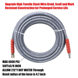 RIDGE WASHER Pressure Washer Hose 50 Feet X 3/8 Inch for Hot and Cold Water, with M22 14 mm to 3/8 Inch Quick Connect, 4000 PSI