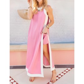 Hooever Women's 2 Piece Sets Boho Color Block Sleeveless Maxi Dress Matching Shorts with Pockets(Pink-L)