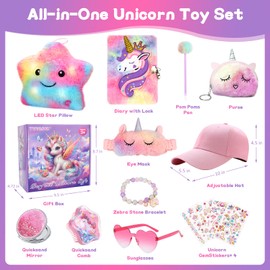 Unicorn Toys for Girls - Girls Toys 4 5 6 7 8-12 Years Old with Light Up Stars Pillow/Purse/Diary with Lock/Adjustable Hat & Gem Stickers/Unicorn Gifts Birthday Christmas Easter