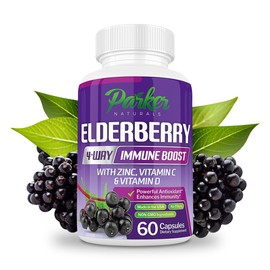 Parker Naturals Organic Elderberry Capsules, 4-Way Immune Boost Elderberry, Vitamins C, D, and Zinc Support, 1260.1 mg Elderberry Supplements for Adults, 60 Capsules