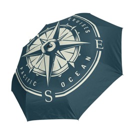 Poeticcity Monochrome Marine Label with Navigational Compass Design Automatic Folding Umbrella, Auto Open/Close 3 Folds Parasol, Compact Windproof Strong Umbrellas for Travel Sun & Rain