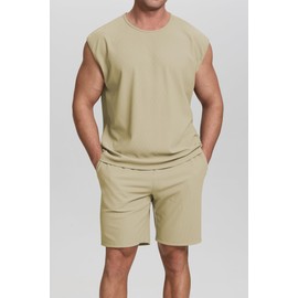 Cakulo Mens Summer 2 Piece Outfits Sleeveless Muscle Tank Tops Athletic Casual Beach Shirts and Shorts Set Khaki XL