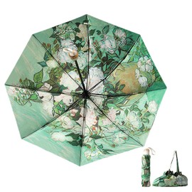 Anopo Small Umbrella for Rain and Sun Pocket Umbrella Storm Proof for Women with 8 Ribs Flower Foldable Umbrella UV Protection with Organiser Bag, Green Roses
