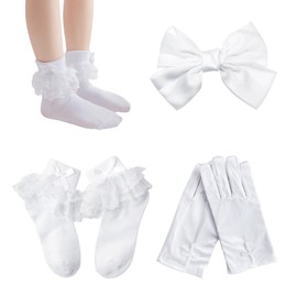 1 Pair Gloves 1 Pair Bow Socks 1 Hairpin Lace Socks for Kids Lace Mid-Calf Socks Communion Dress Accessories for Kids Princess Accessories, White