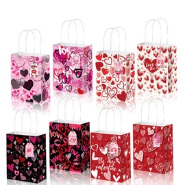 Qpout 12 Pack Valentines Day Gift Bags for Kids, Valentines Goodie Bags With Handles, Valentines Day Paper Treat Bags, Happy Valentines Day Candy Bags, Valentine Party Favor Bags